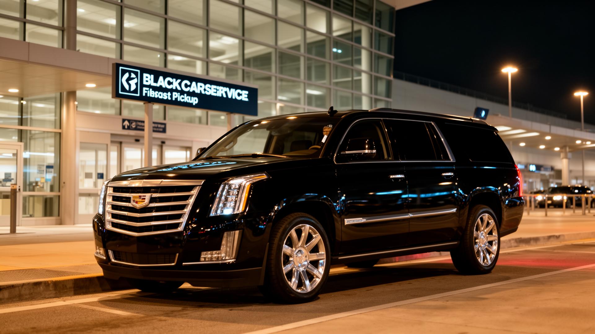 Black Cadillac Escalade ESV — airport terminal pickup at night