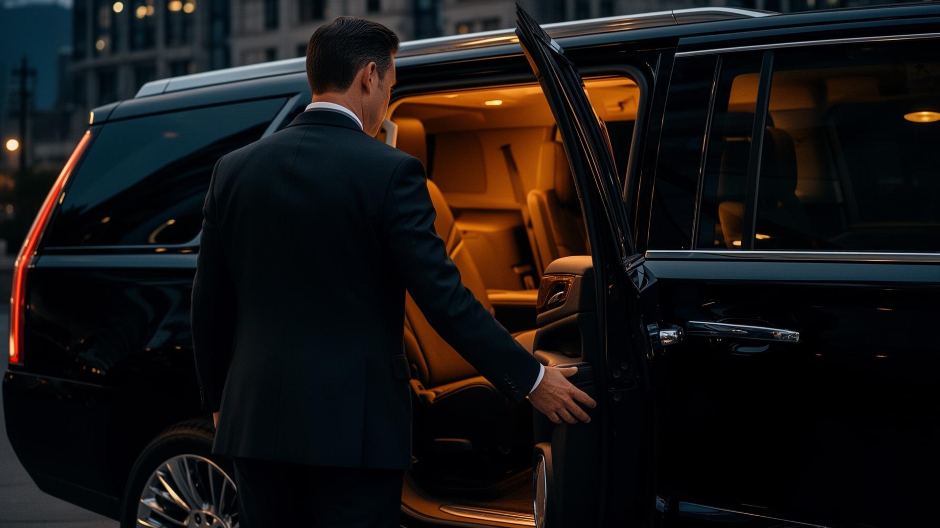 Chauffeur opening the rear door of a black Cadillac Escalade ESV