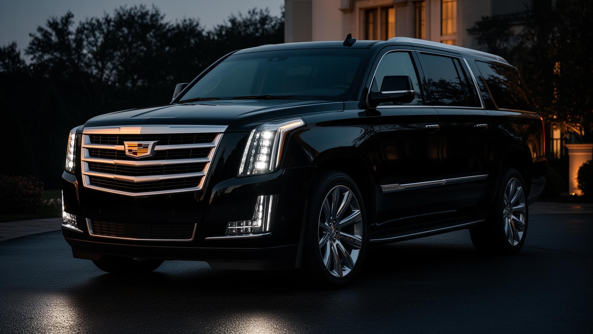 Black Cadillac Escalade ESV — front three-quarter exterior at dusk