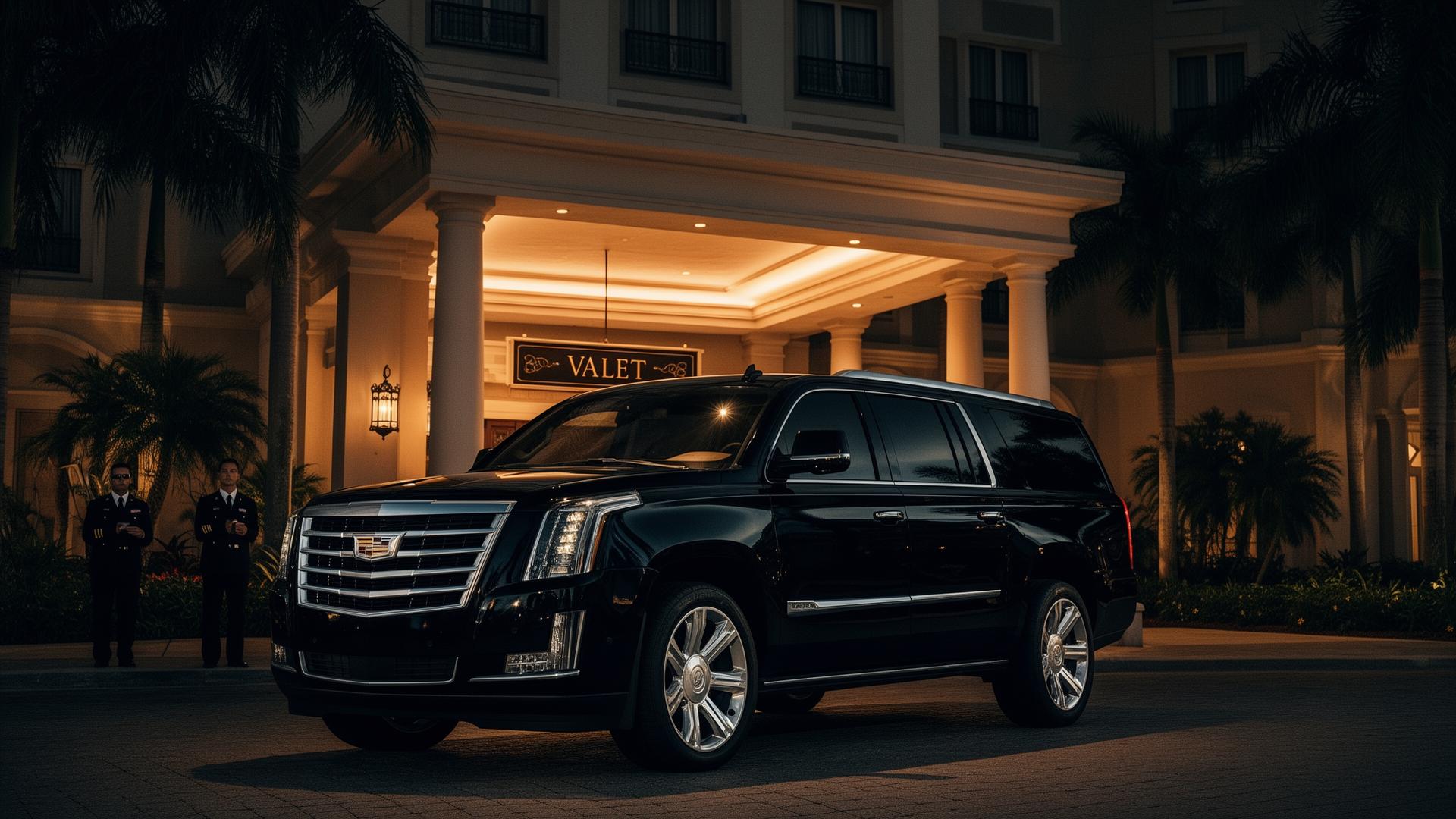 Black Cadillac Escalade ESV — luxury hotel valet pickup in Florida