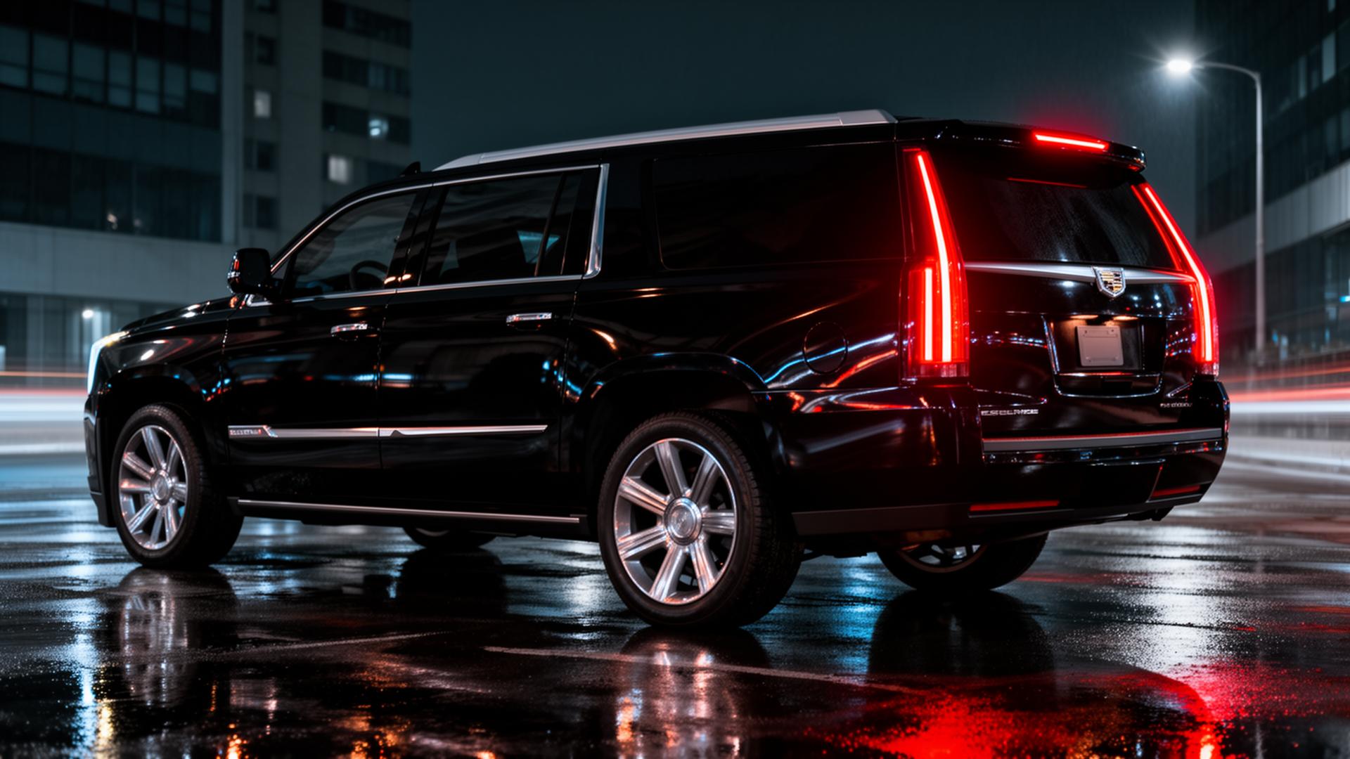 Black Cadillac Escalade ESV — rear three-quarter on wet pavement at night
