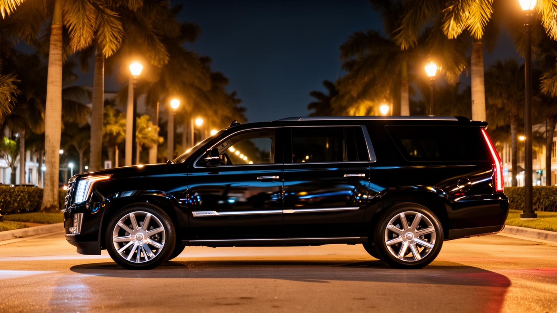 Black Cadillac Escalade ESV — side profile under palm-lined Florida street lights
